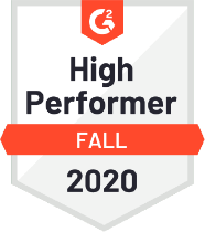 Badge with G2 Crowd logo and High Performer Fall 2020 written on it.