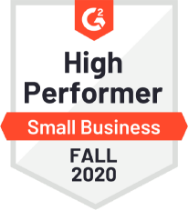 Badge with G2 Crowd logo and High Performer Small Business Fall 2020 written on it.