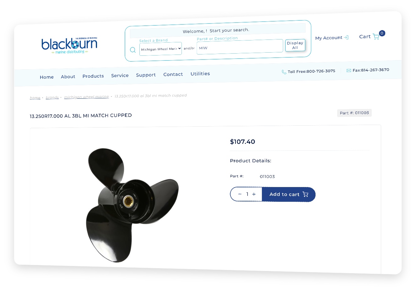 Screenshot of a propeller product page on Blackburn Marine's website.