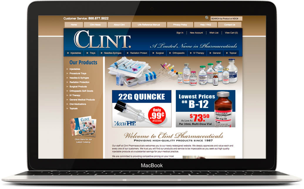 Screenshot of Clint Pharmaceuticals website home page, on a Macbook Pro laptop.
