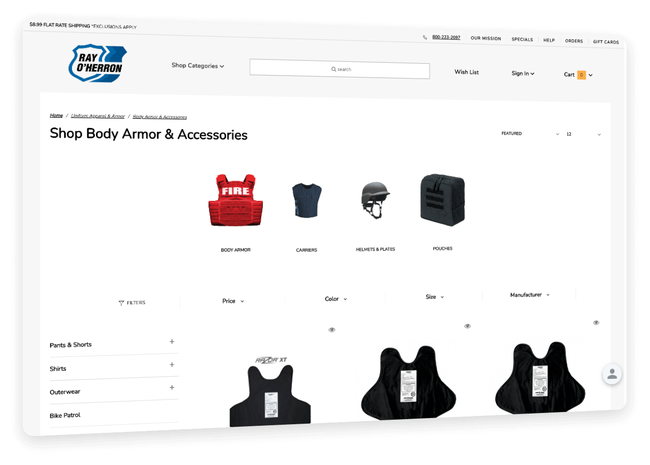 Screenshot of the Body Armor & Accessories category page on O'Herron website.