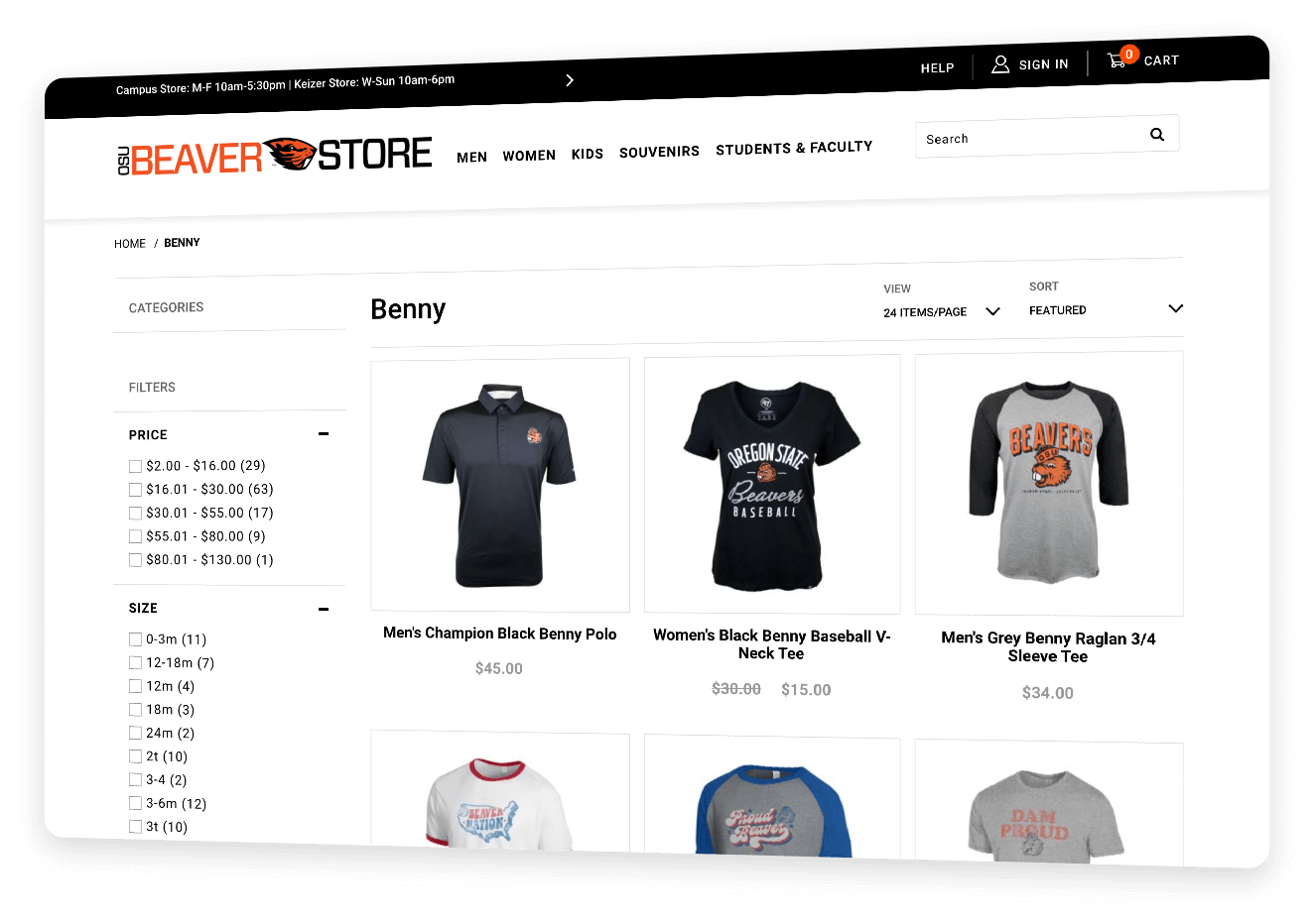 Screenshot of an OSU Beaver Store website's category page.