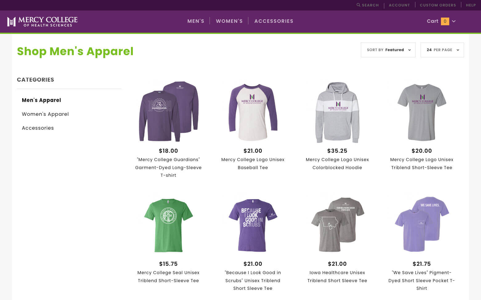 Screenshot of Mercy College's Men's Apparel category page.