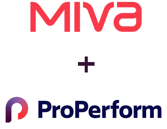 Miva logo on top of ProPerform logo with a plus sign between them.