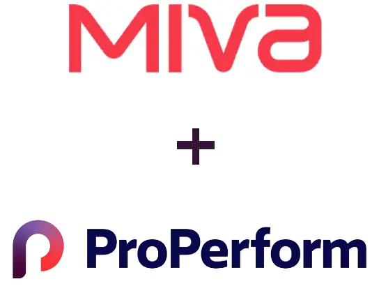 Miva logo on top of ProPerform logo with a plus sign between them.