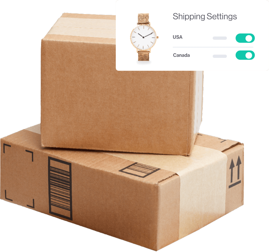 Two boxes stacked on top of each other with a dialog for Shipping Settings shown on top, with a watch next to the USA and Canada options.