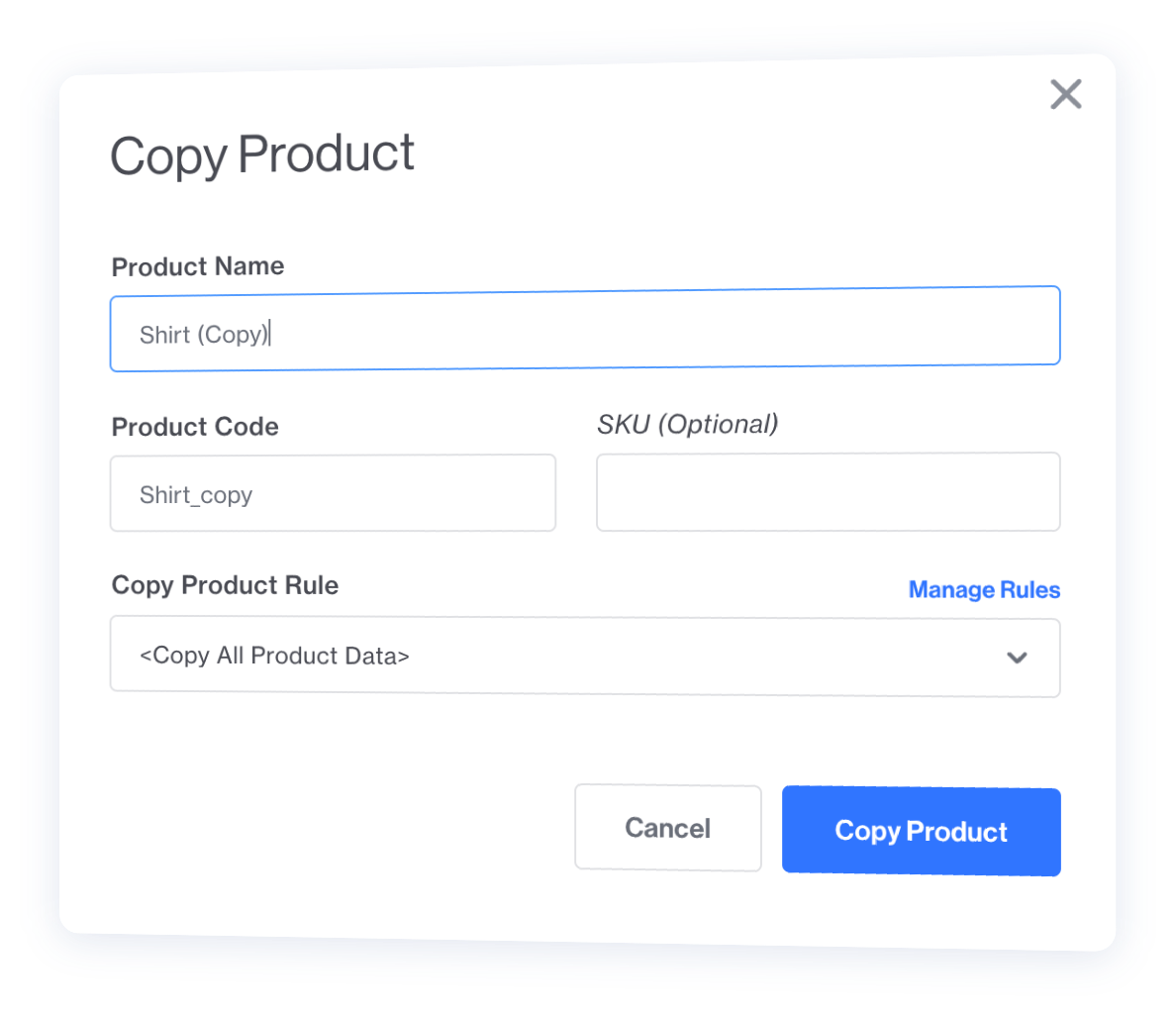 Copy Product dialog. Has product name, code, sku, and Product Rule options.
