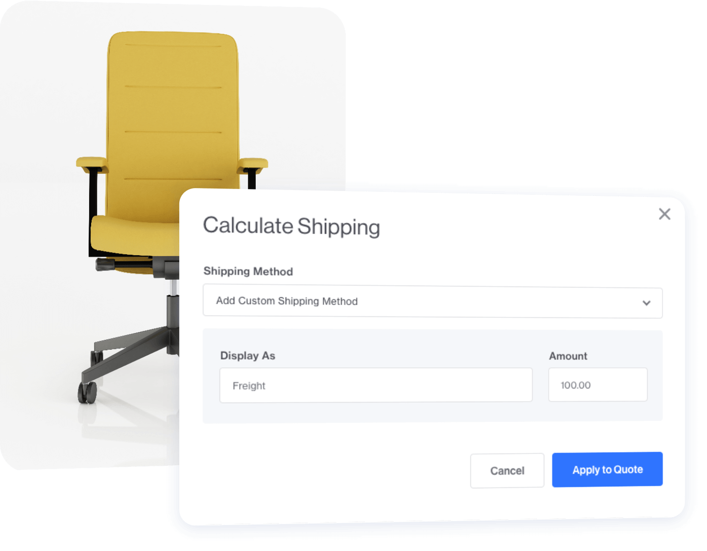 Photo of a chair with a Calculate Shipping dialog on top. Shows dropdown for custom shipping method.