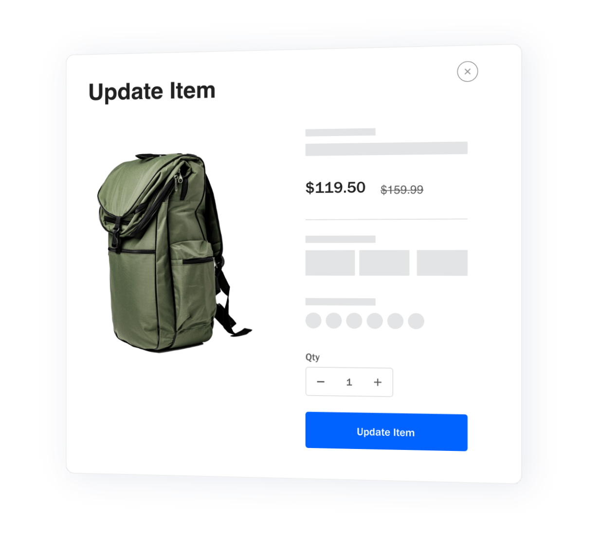 Screenshot of a backpack product page with price, quantity, and button for Update Item.
