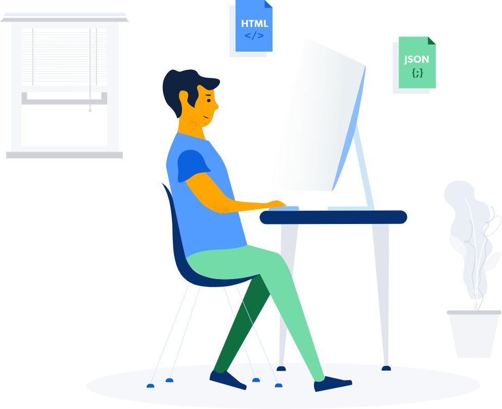 Illustration of a man working at a desk with icons for HTML and JSON above him.