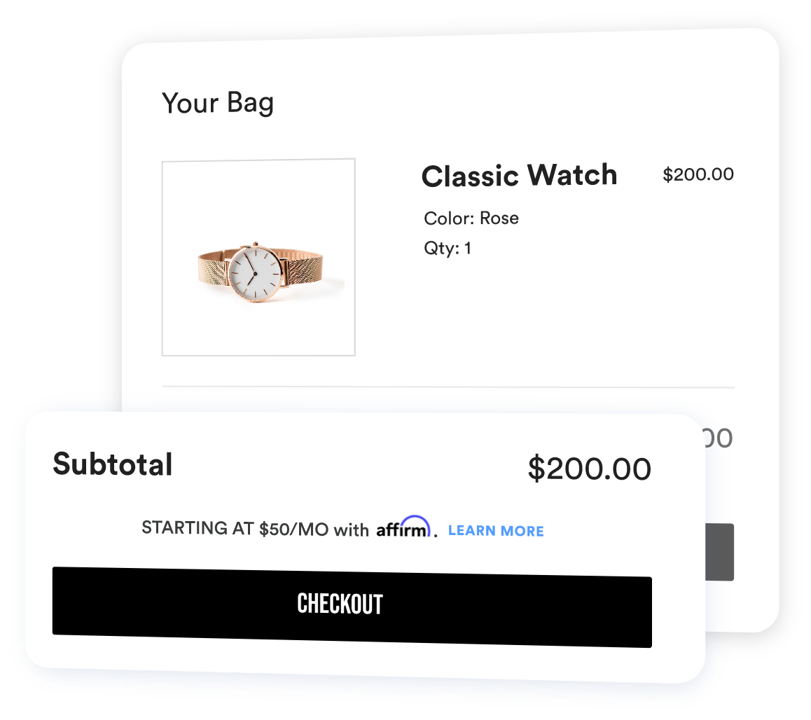 Screenshot of a basket with a watch inside, and a popout for Affirm offering a monthly payment plan.