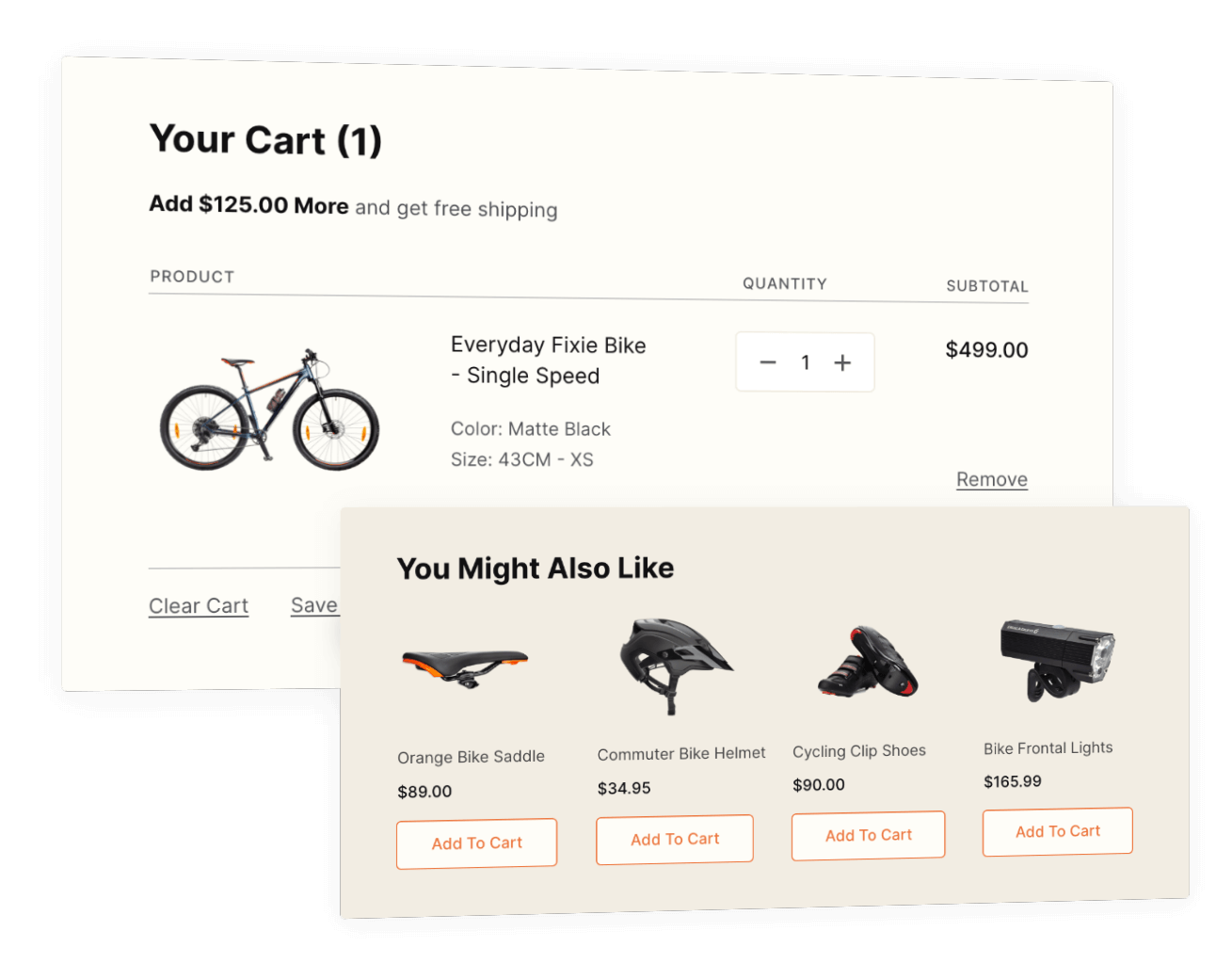 Screenshot of a bike store cart with a bike in it, with a You Might Also Like popup advertisting bike accessories.