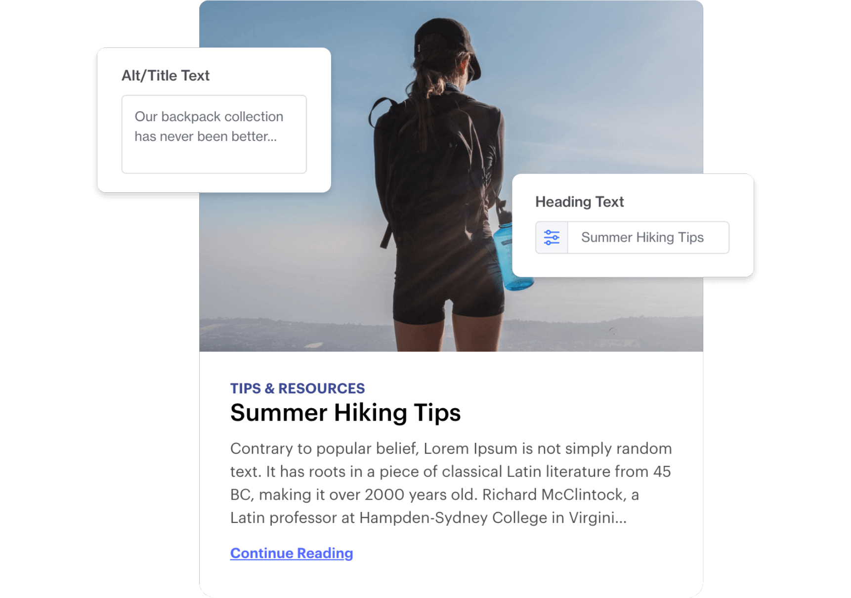 Tip card for Summer Hiking Tips with some popouts showing headting text and alt text editing.