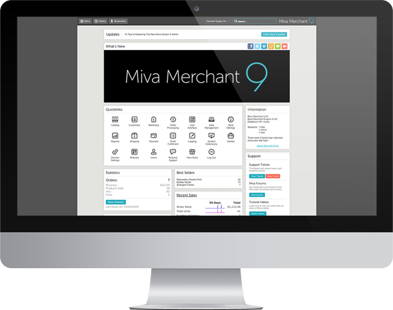 Miva Merchan 9 admin displayed on an iMac.