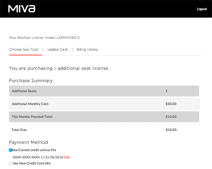 Screenshot of payment screen when buying an additional seat.