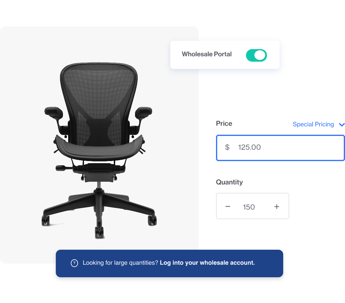 Chair product with price and quantity options displayed.