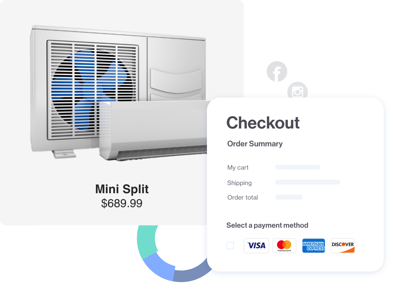 Air conditioner unit product with checkout options popout.