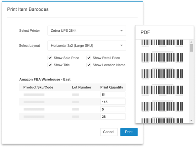 Screenshot of Print Item Barcodes prompt with popout of barcodes in a list.