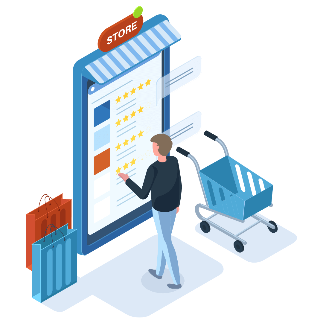 Illustration of a person shopping at a large mobile device.