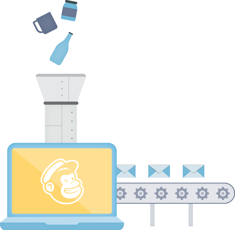 Illustration of a jar, mug, and bottle falling into a machine funnel into a laptop and coming out as envelopes on a conveyor belt.