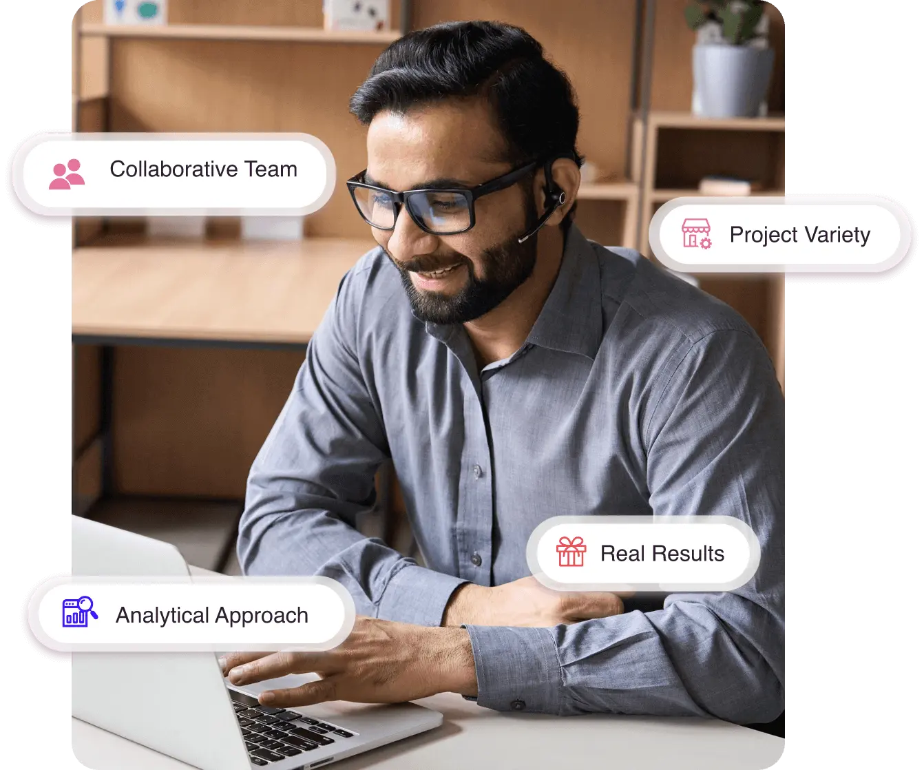 Man working on laptop while on the phone. The words Collaborative Team, Project Variety, Analytical Approach, and Real Results are all highlighted on top of the image.