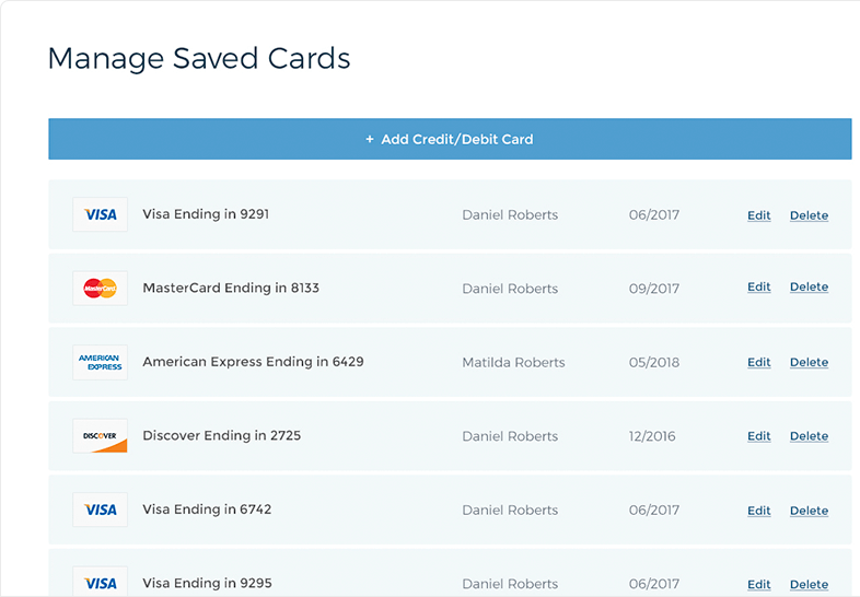 Managed Saved Cards dialog with a list of credit cards displayed.