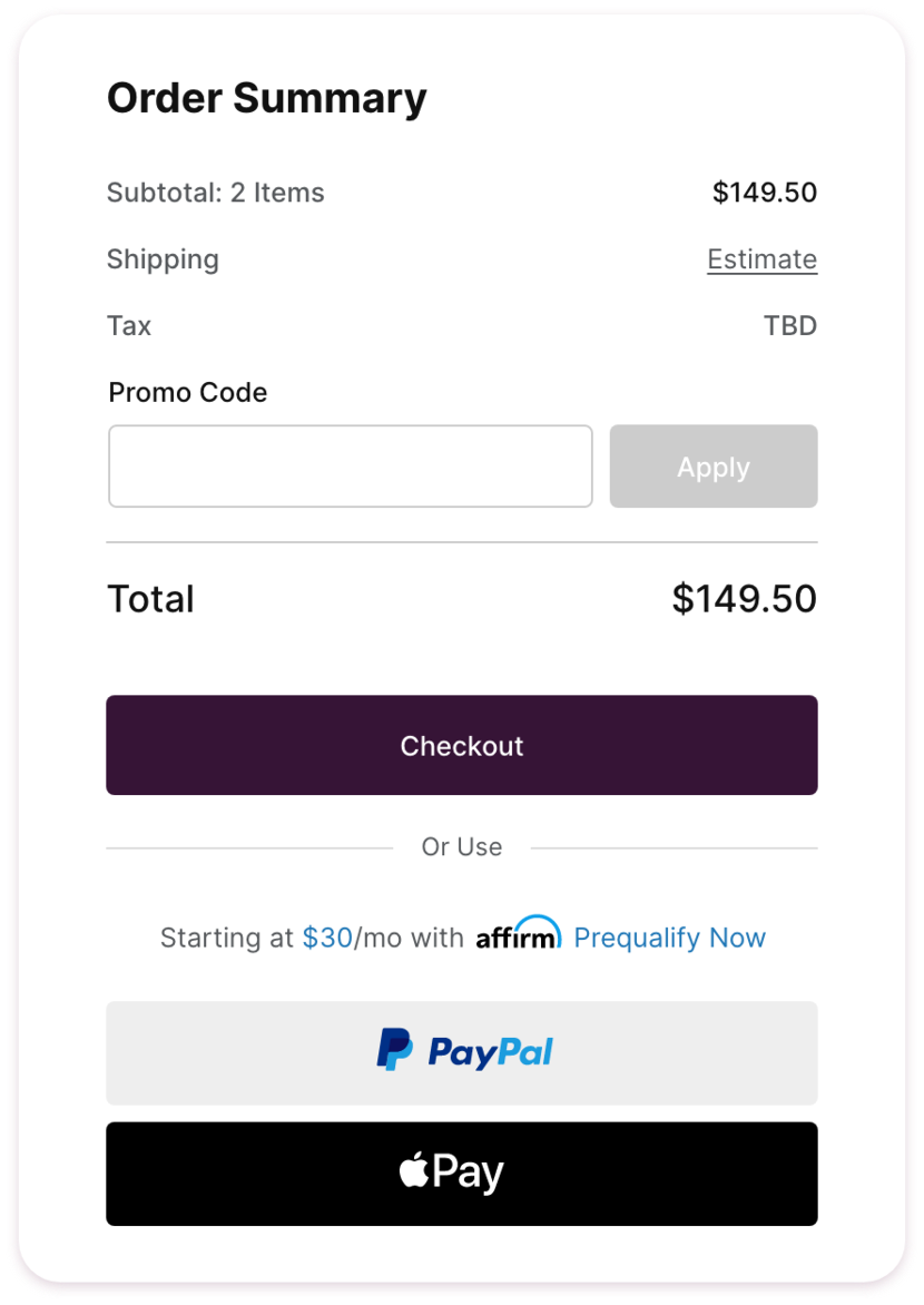 Screenshot of a mobile Order Summary page. It has buttons for Checkout, PayPal, and Apple Pay.