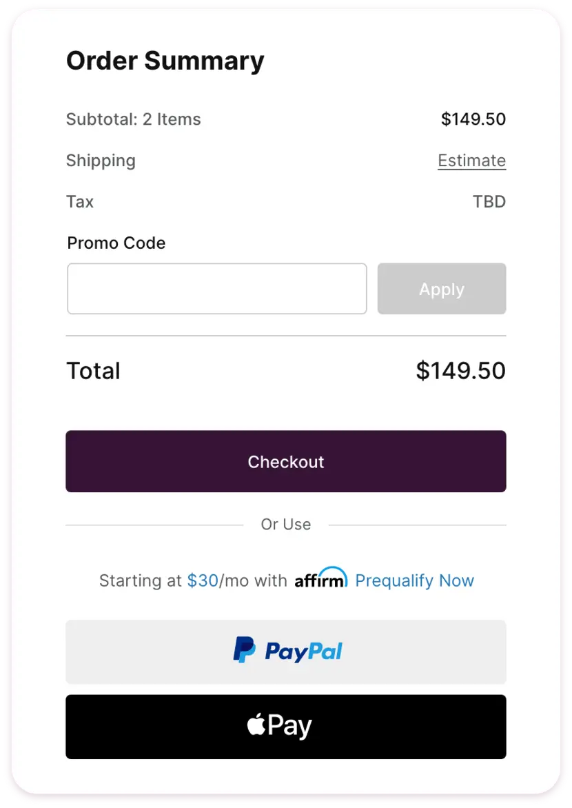 Screenshot of a mobile Order Summary page. It has buttons for Checkout, PayPal, and Apple Pay.