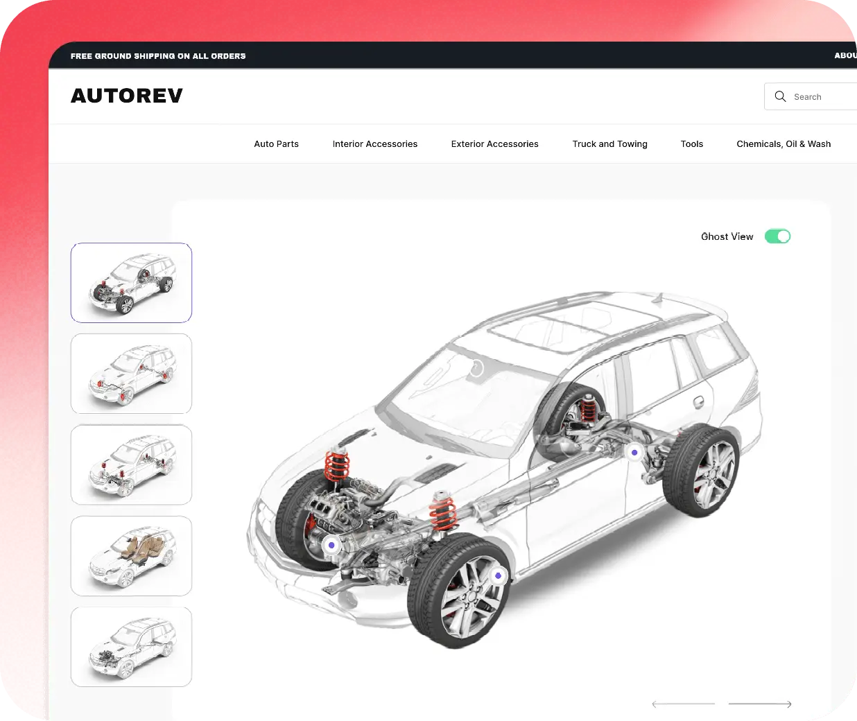 Screenshot showing an auto parts ecommerce platform with customizable product options and a detailed parts builder interface .