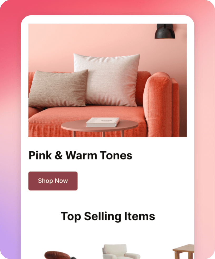 Image of a category card for Pink & Warm Tones category, with a picture of pillows on a couch.