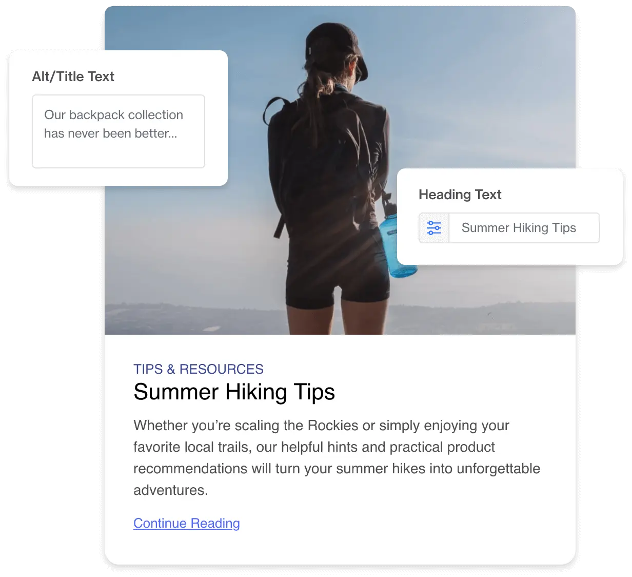 Screenshot of a Hiking Tips card with pop outs showing the editing of the Alt Text and Heading Text for the card.