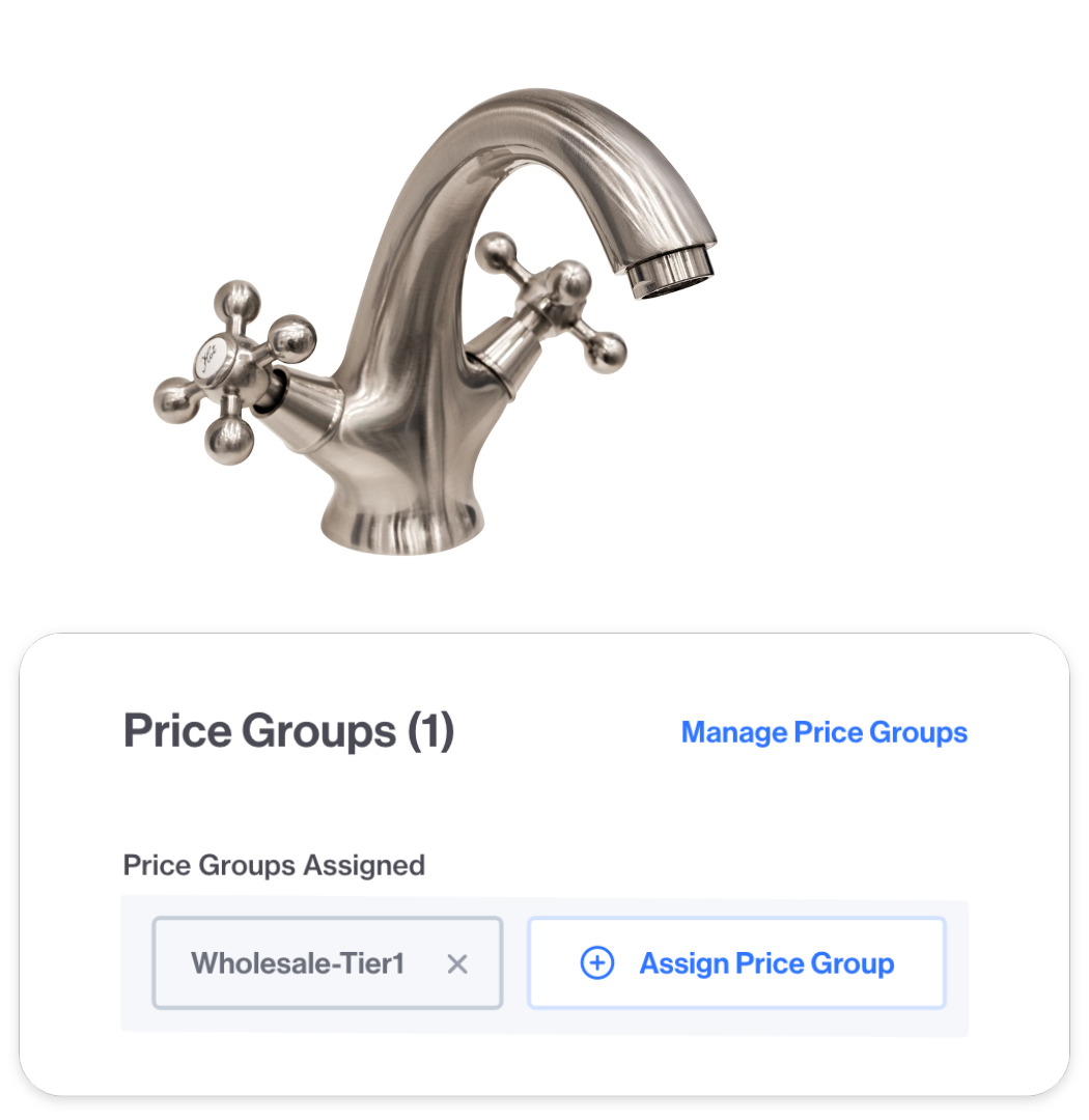 Image of a faucet with a pricing group popout below it.