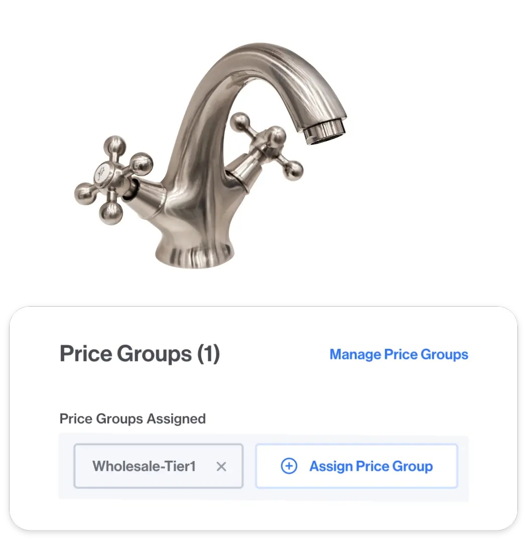 Image of a faucet product page on a DTC ecommerce site, displaying pricing group options and dynamic pricing popout.