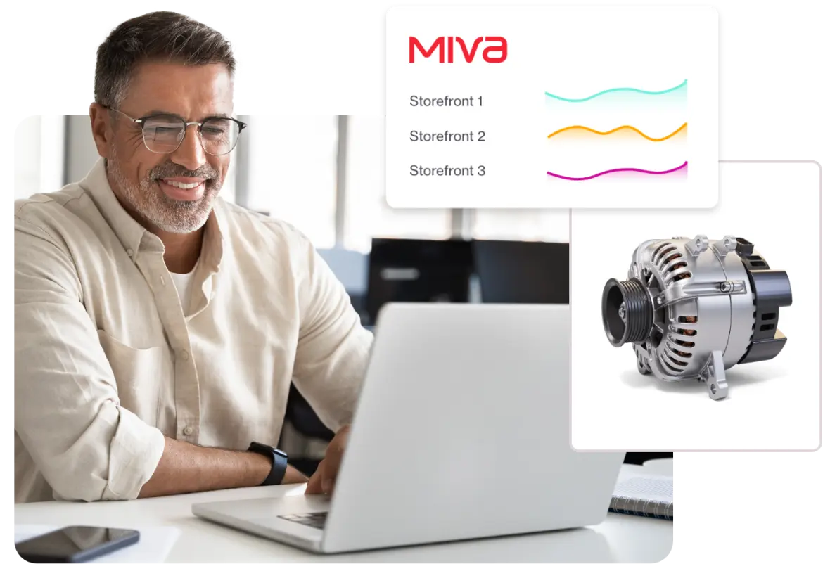 Man at laptop with popouts showing analytics for multiple storefronts, and a product image of an auto part.