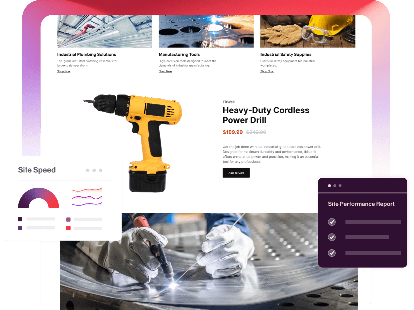 Screenshots of a powerdrill product on a website with popout dialogs for Site Speed and Site Performance reports.