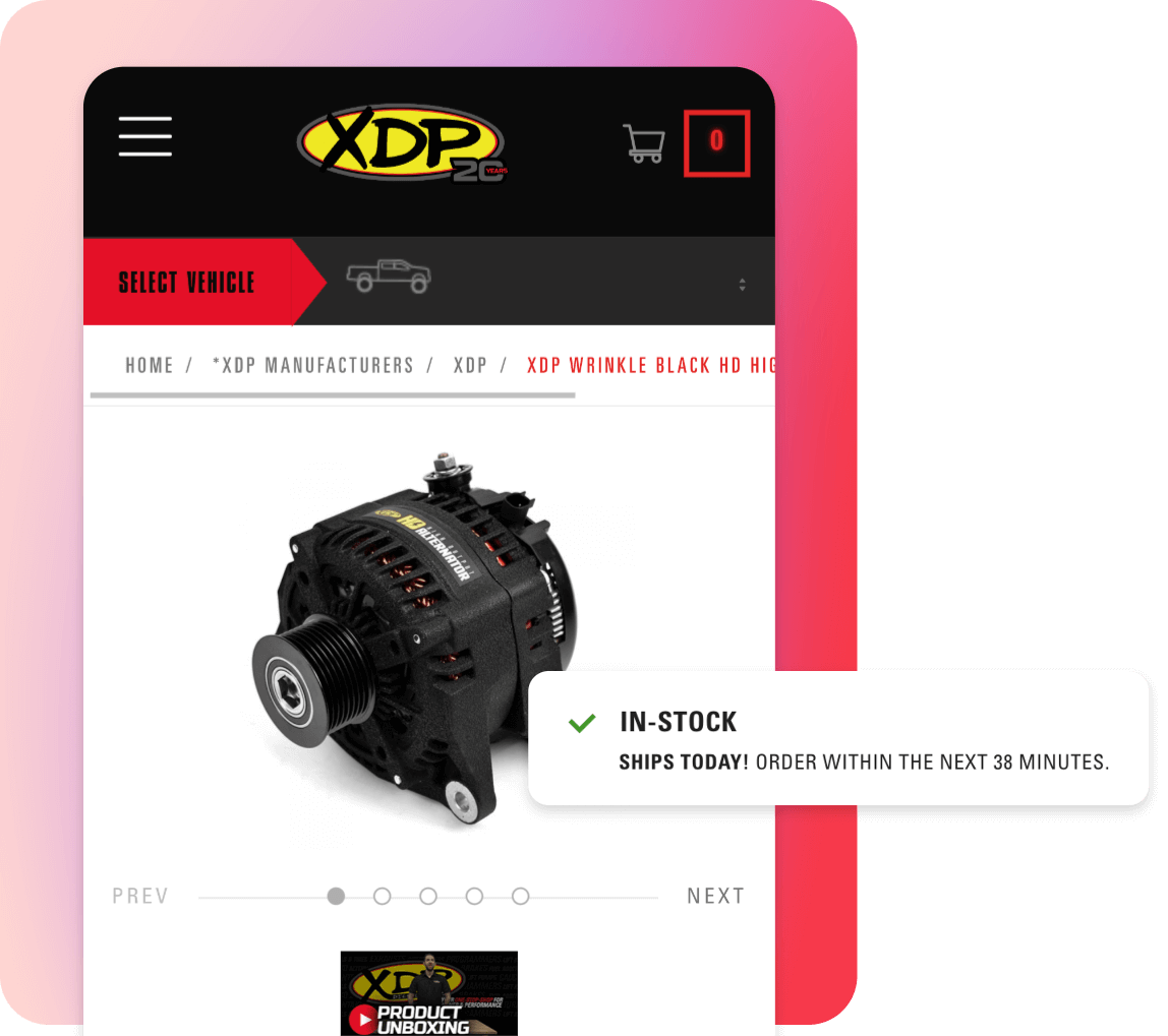 Screenshot of XDP product page with in stock notification popped out.