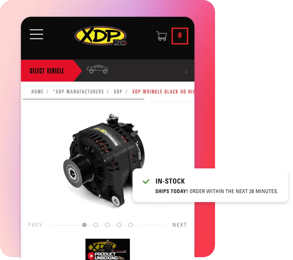 Screenshot of XDP product page with in stock notification popped out.