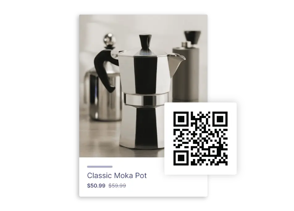 Image of a coffee pot with price, and a QR code on top of it.