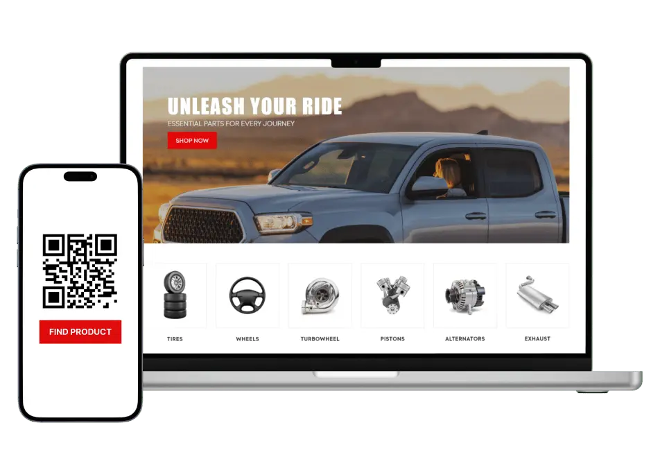 Mobile device with QR code and Find Product button with a screenshot of an automotive website behind it.