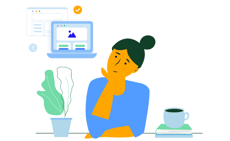 Illustration of a woman thinking about her website with a cup of coffee next to her.
