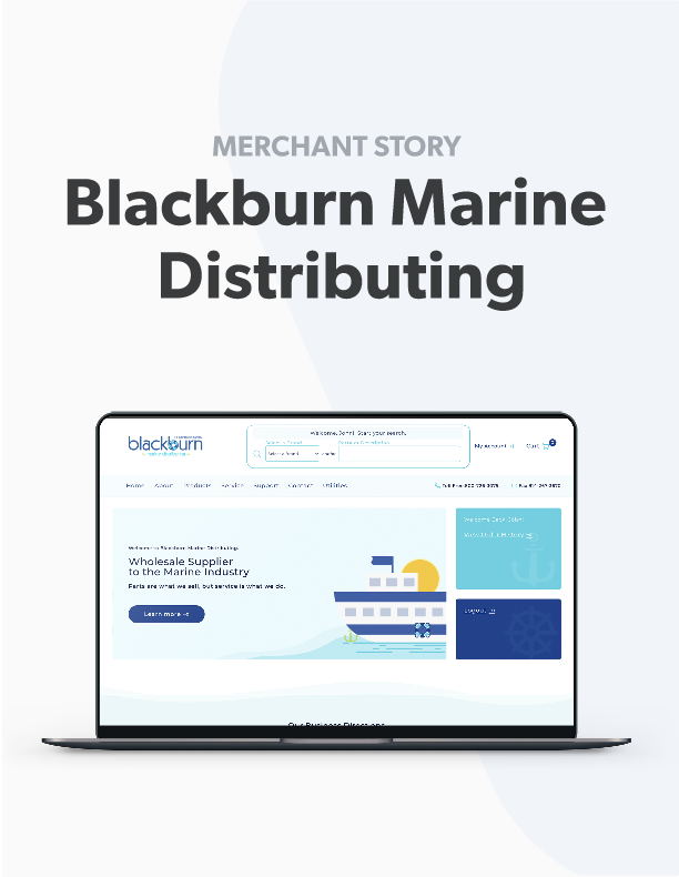 Blackbure Marine website displayed on a laptop and the words Merchant Story Blackburn Marine Distributing.