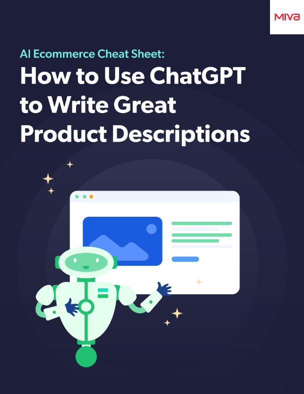 Cover for the How to Use ChatGPT AI to Write Great Product Descriptions guide. It has the title and a illustration of a robot giving a presentation.