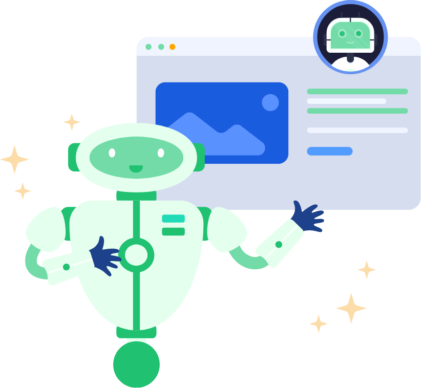 Illustration of a robot presenting in front of a basic illustrated website, and a small circle above with a robot face inside of it.