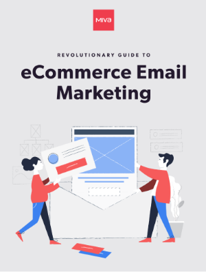 Illustration of two people putting website designs into a big envelope with the words Revelutionary Guide To eCommerce Email Marketing.