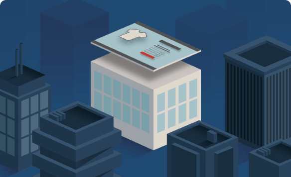 Illustration of a city block with a highlighted building in the middle with a wireframe product page rising from the top.