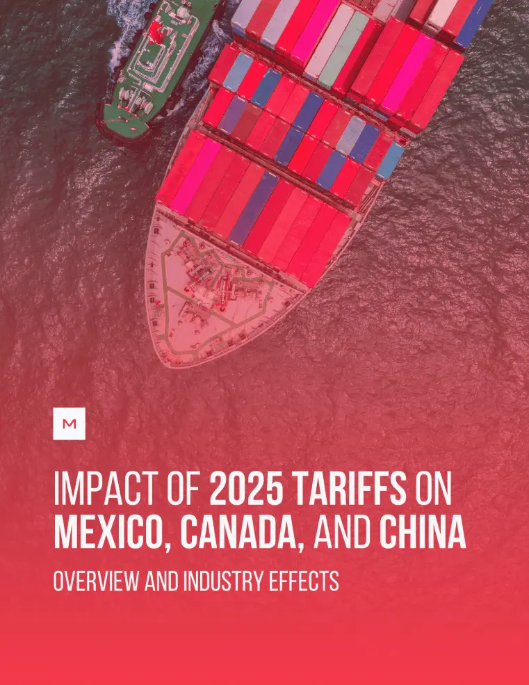 Image of a shipping boat from the top down, with the words Impact of 2025 Tariffs on Mexico, Canada, and China - Overview and Industry Effects on top of it.