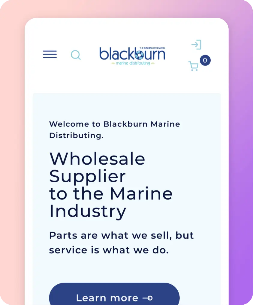 Screenshot of Blackburn Marine's home page, with a purple and peach gradient behind it.