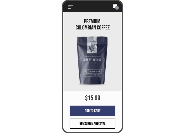 Screenshot of a coffee store product page of a bag of coffee on a mobile device.