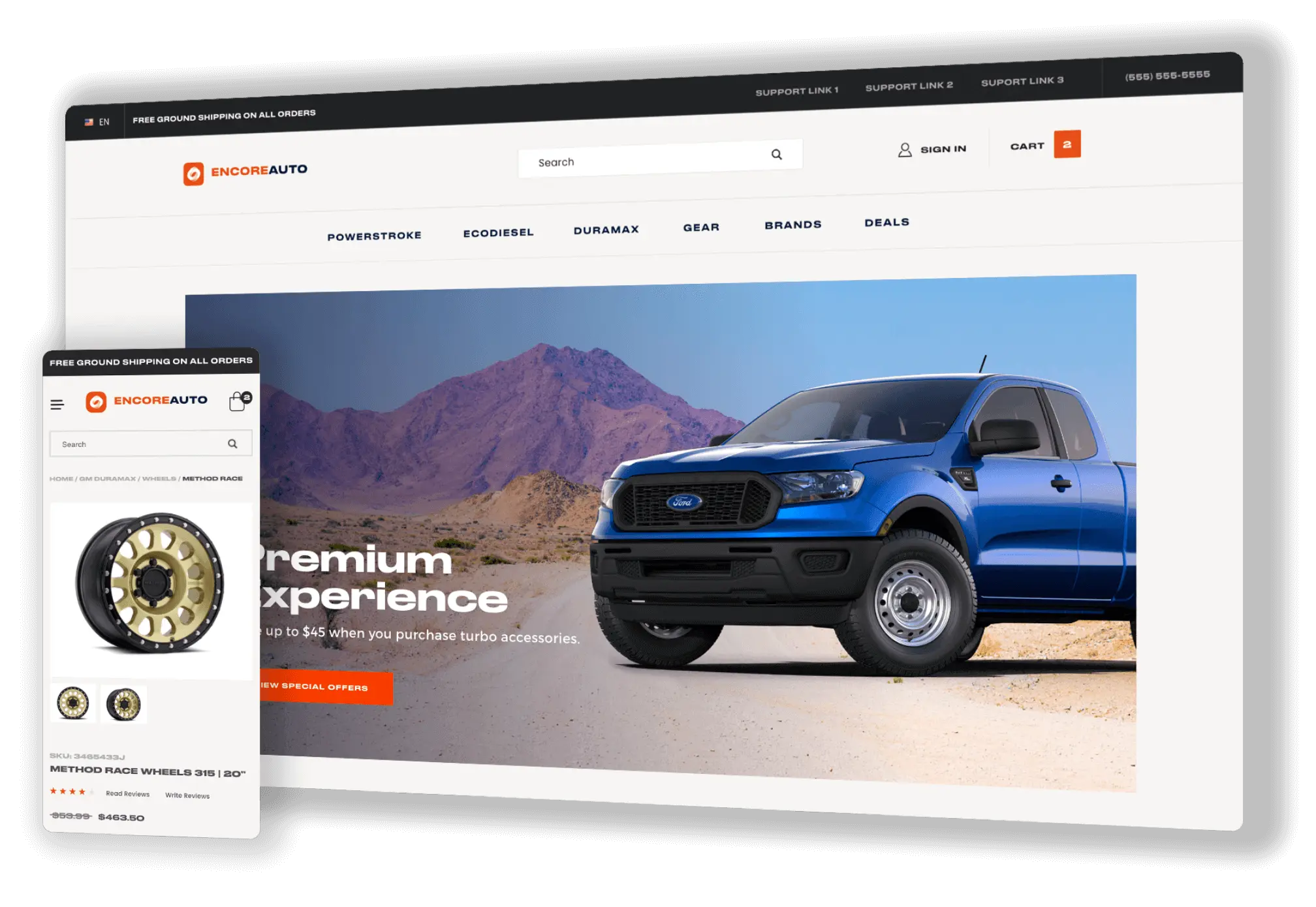 Screenshot of an auto parts website home page, on both desktop and mobile.