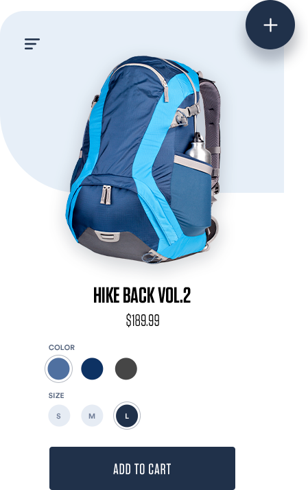 Image of a backpack product with a plus sign in the top right corner and add-to-cart button.